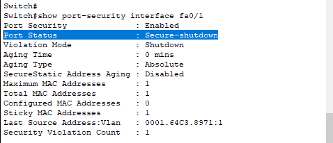 Port security status- Secure Shutdown